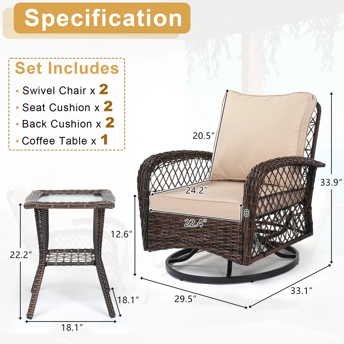 3 Pieces Patio Furniture Set, Outdoor Swivel Gliders